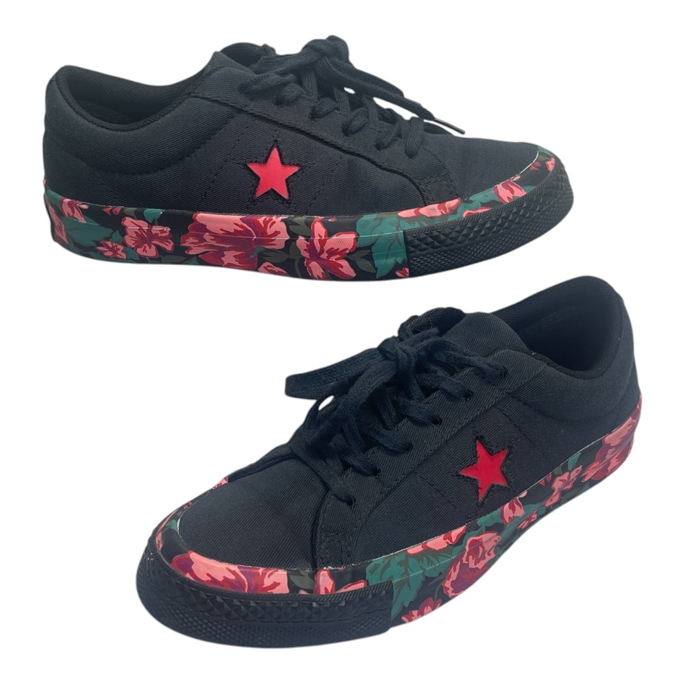 Converse One Star Ox Black Red Floral Low Top Lace Up Sneakers Kids Girls Size 4